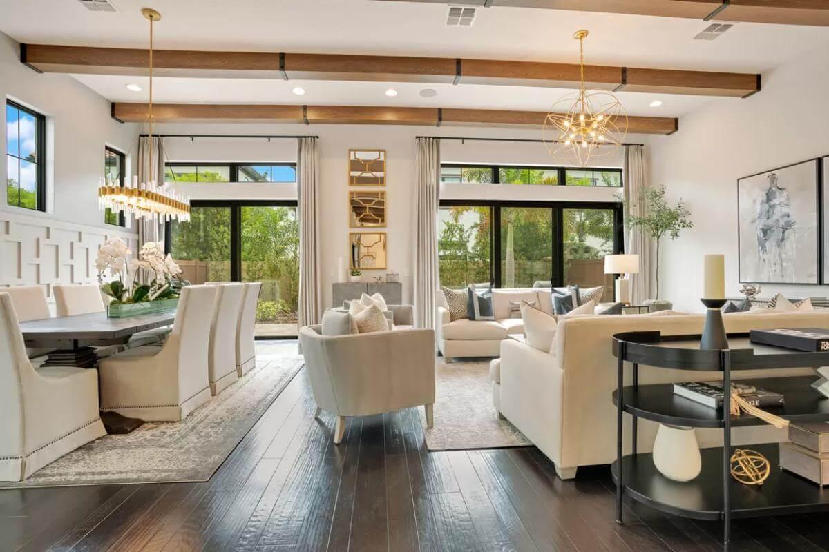 Check Out Those Wood Beams Accenting This Open Living and Dining Area