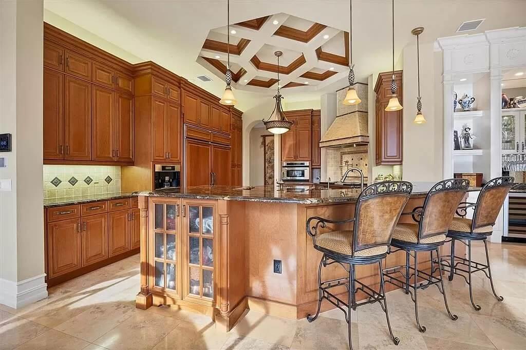 Wow, Look at the Intricate Coffered Ceiling in This Gourmet Kitchen