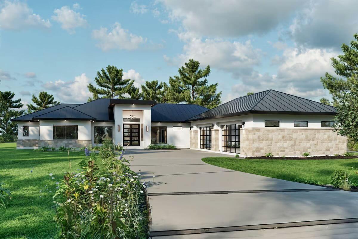 Sleek Modern Home with a Bold Metal Roof and Stone Accents