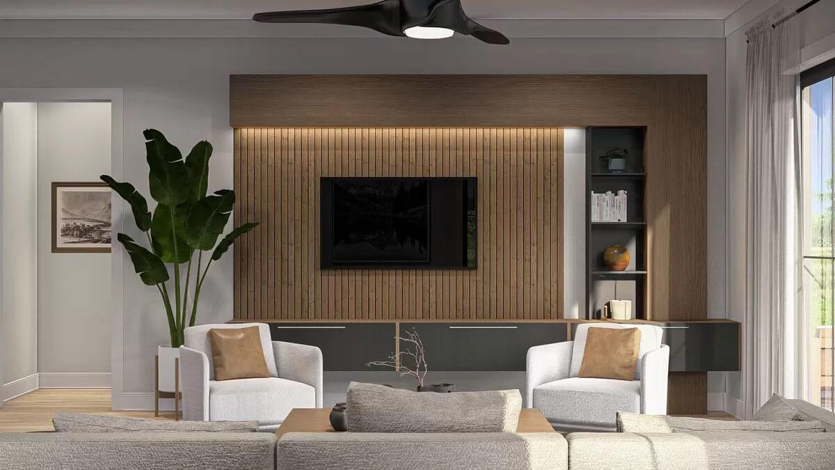 Marvel at the Sleek Wood Paneling in This Modern Living Room
