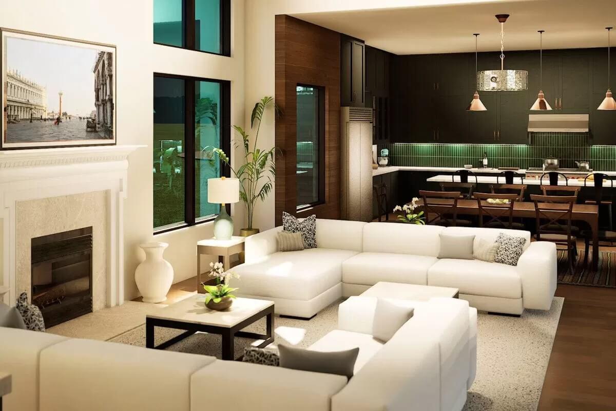 Wow, Look at the Contrast in This Open-Concept Living Room and Kitchen
