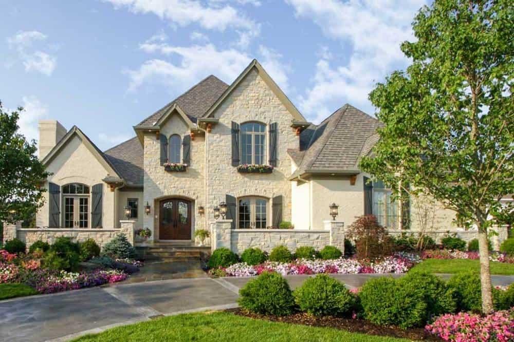 Stately Stone Facade with Charming Window Boxes