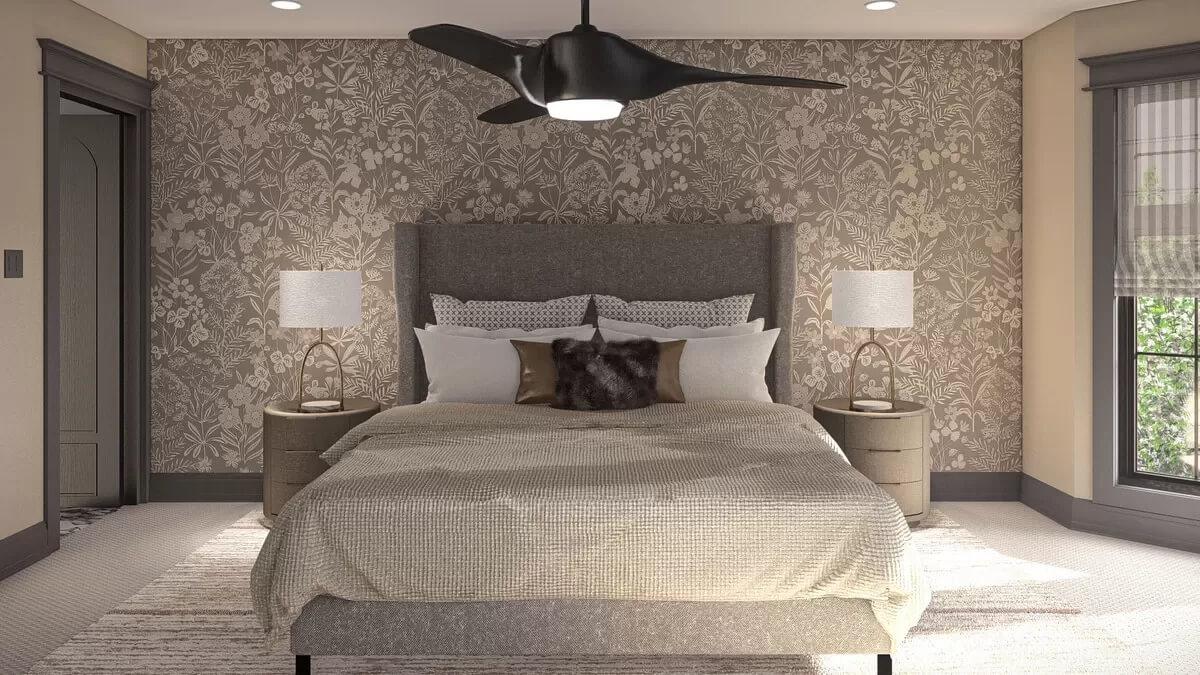 Spot the Bold Fan Against That Floral Wallpaper in the Bedroom