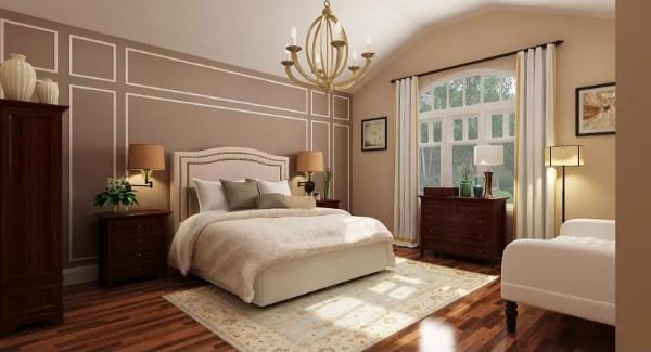 Classic Craftsman Bedroom with Elegant Molding and a Chandelier