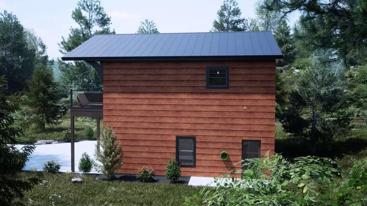 Side View of a Wood-Clad Cabin with Cozy Outdoor Seating