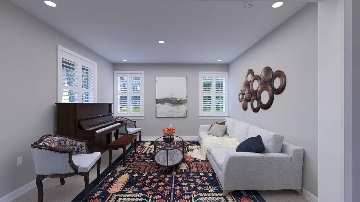 Intimate Music Room with Eclectic Wall Art Adding a Personal Touch