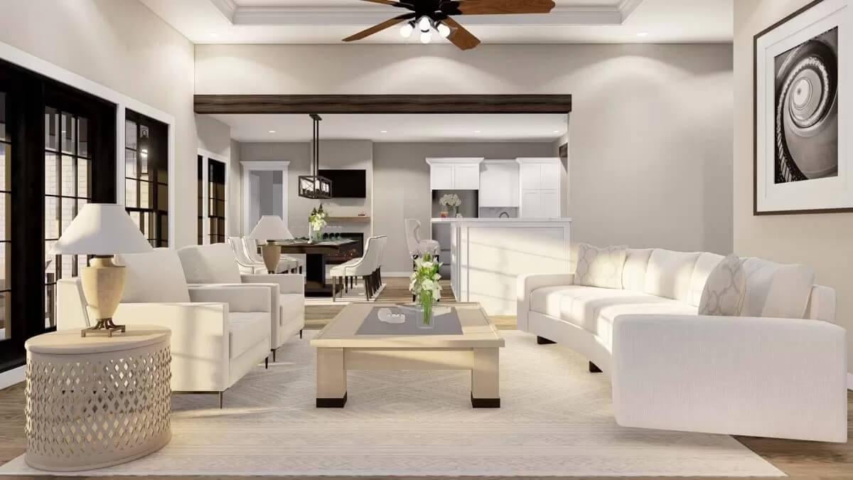 Open Layout Living Area with a Statement Beam and Light-Filled Design