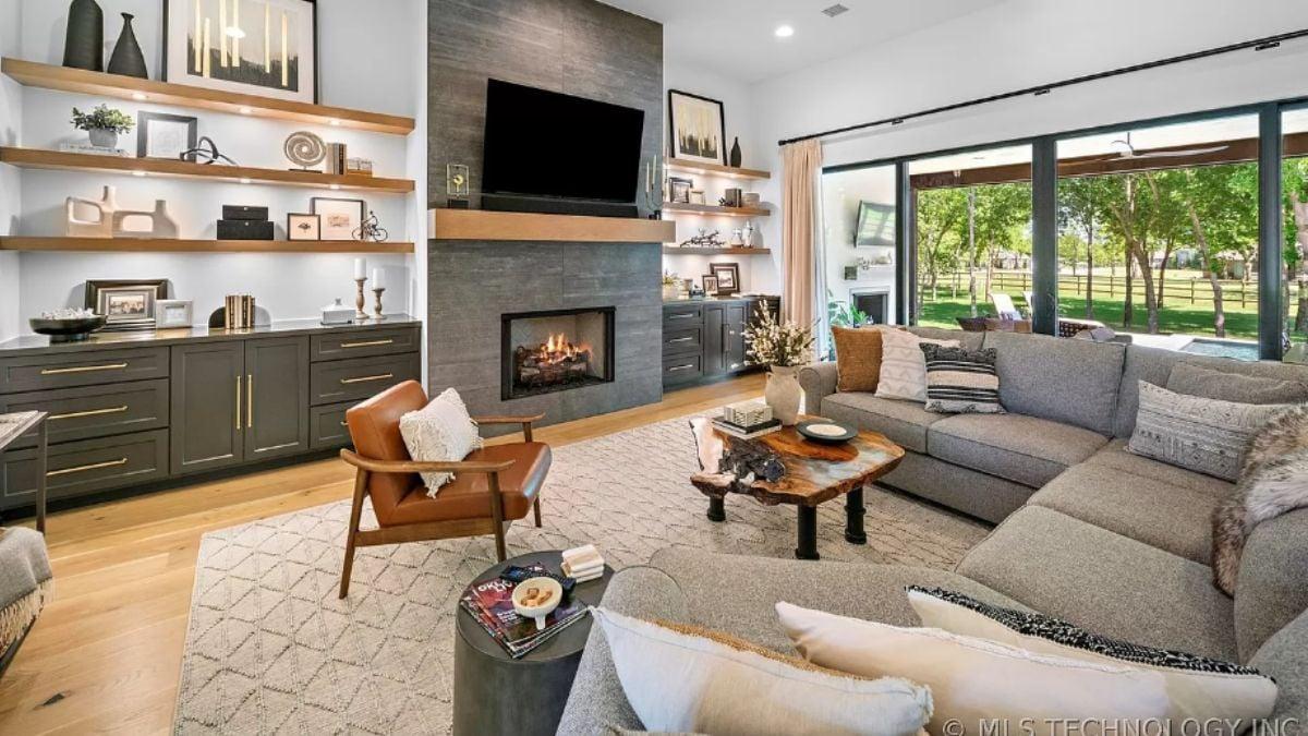 Sleek Living Room with Modern Fireplace and Chic Open Shelving