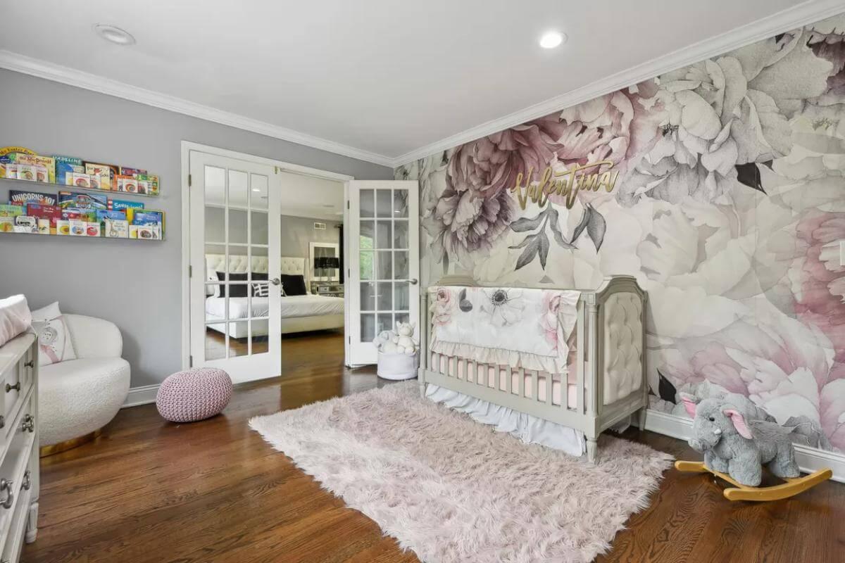 Adorable Nursery with a Floral Mural and French Doors