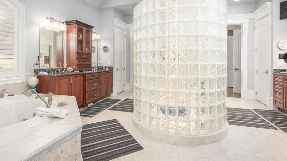 Wow, Look at that Glass Block Shower in This Spacious Bathroom