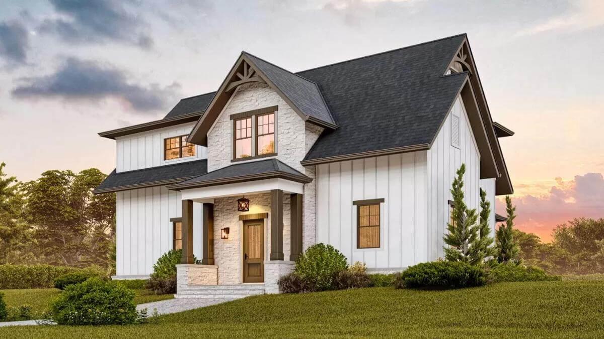 Classic Farmhouse Charm with a Gabled Roof and Board-and-Batten Siding
