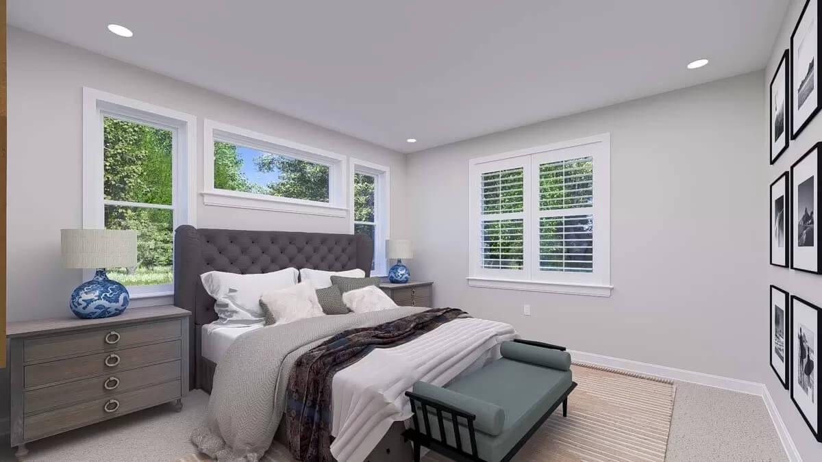Serene Bedroom with Plush Headboard and Botanical Views