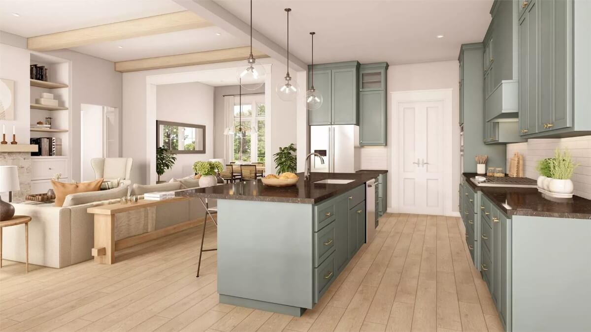 Check Out the Open-Concept Flow and Beautiful Sage Cabinets in This Kitchen