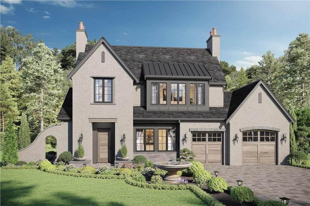 European-Inspired Facade with Charming Twin Chimneys