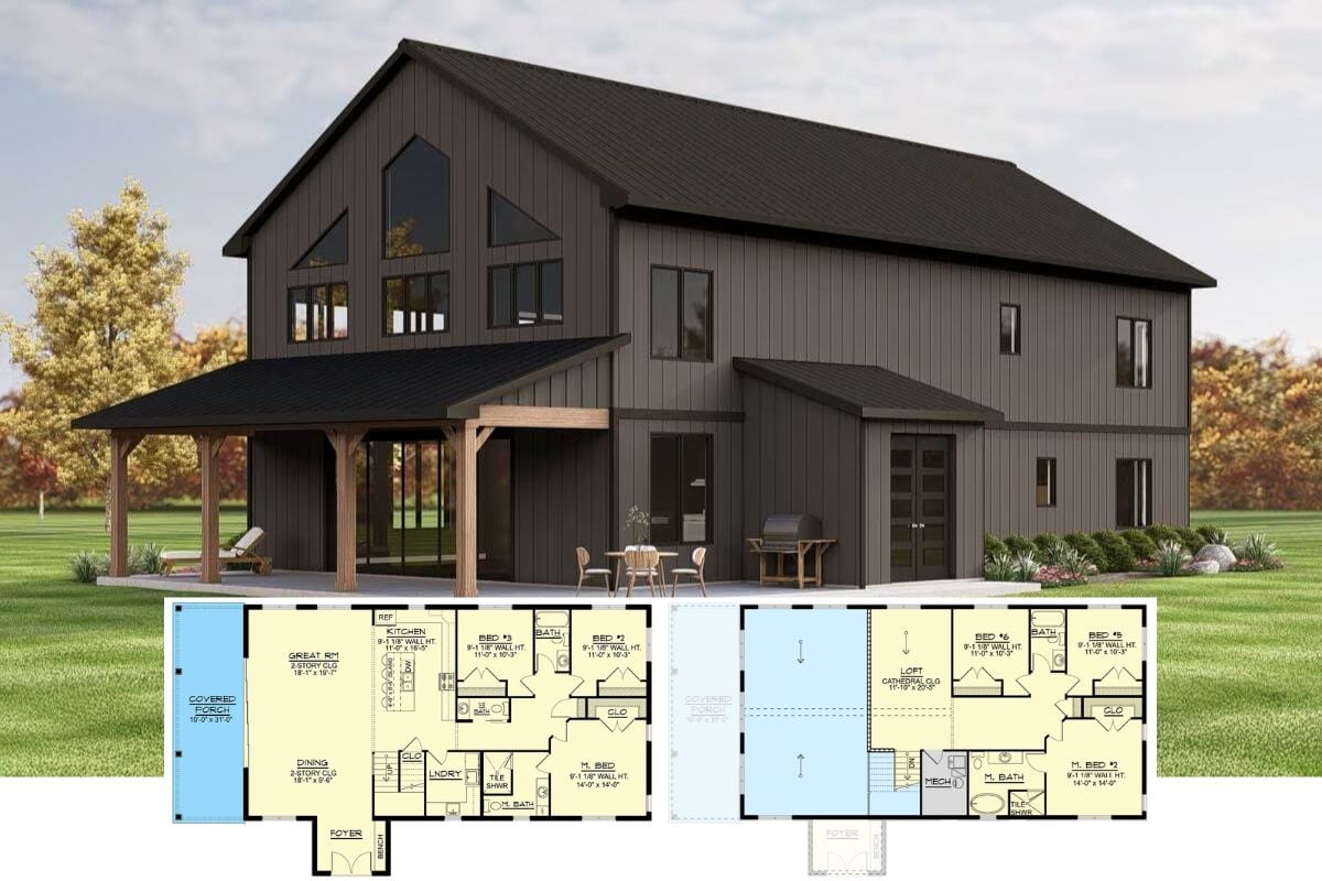 6-Bedroom Barndominium with Loft and Covered Porch (Floor Plan)