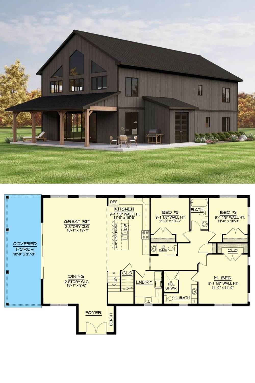This modern barndominium-style home delivers a bold and contemporary aesthetic, clad in dark vertical siding with a minimalist palette that enhances its clean lines and geometric silhouette. The steep roof pitch, expansive windows, and exposed timber posts along the covered porch create a striking blend of rustic warmth and modern simplicity. The rear elevation features a wall of windows that not only anchors the living space with natural light but also adds dramatic flair to the overall architecture.