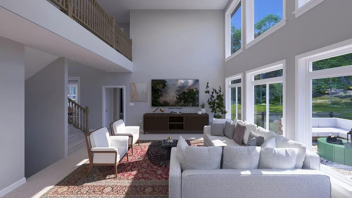 Living Room with Floor-to-Ceiling Windows and a Cozy Lounge Area