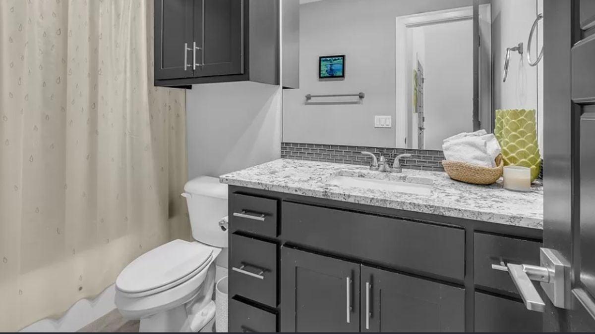 Compact Bathroom with Bold Dark Cabinetry and Granite Countertops