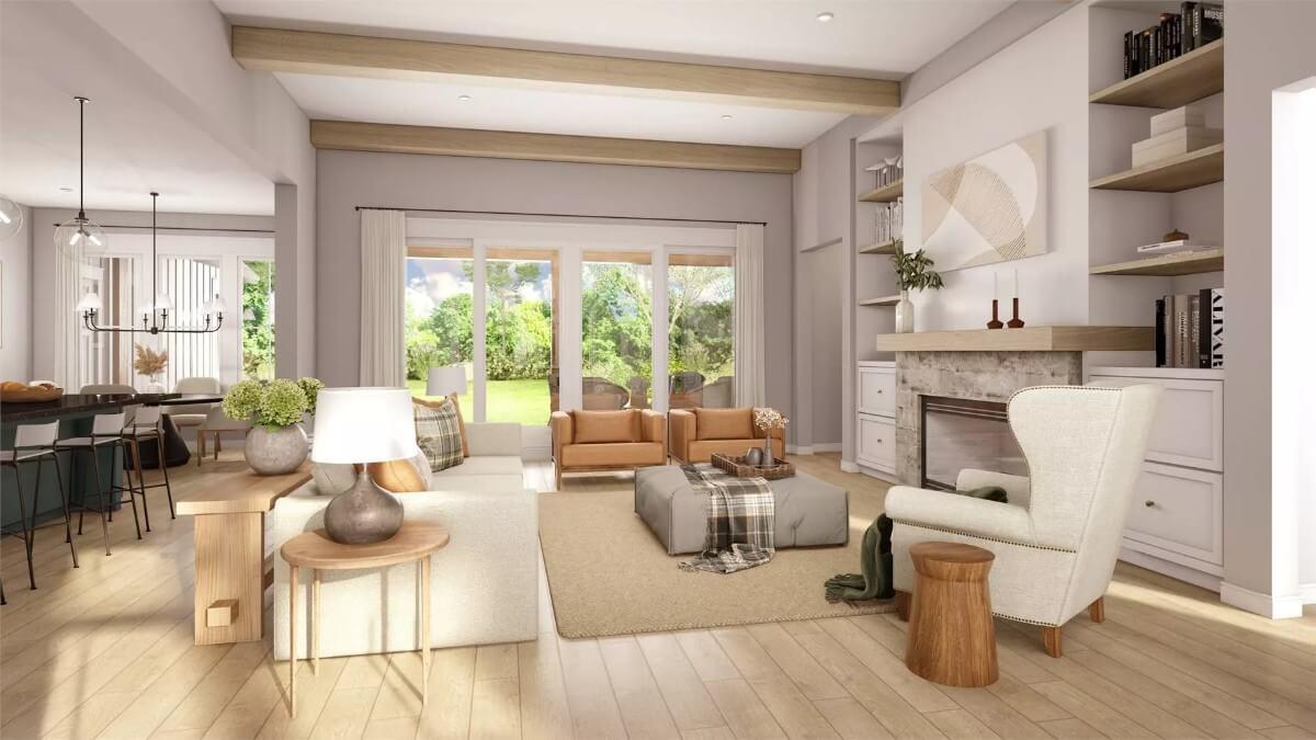 Check Out the Cozy Fireplace in This Open-Concept Living Room
