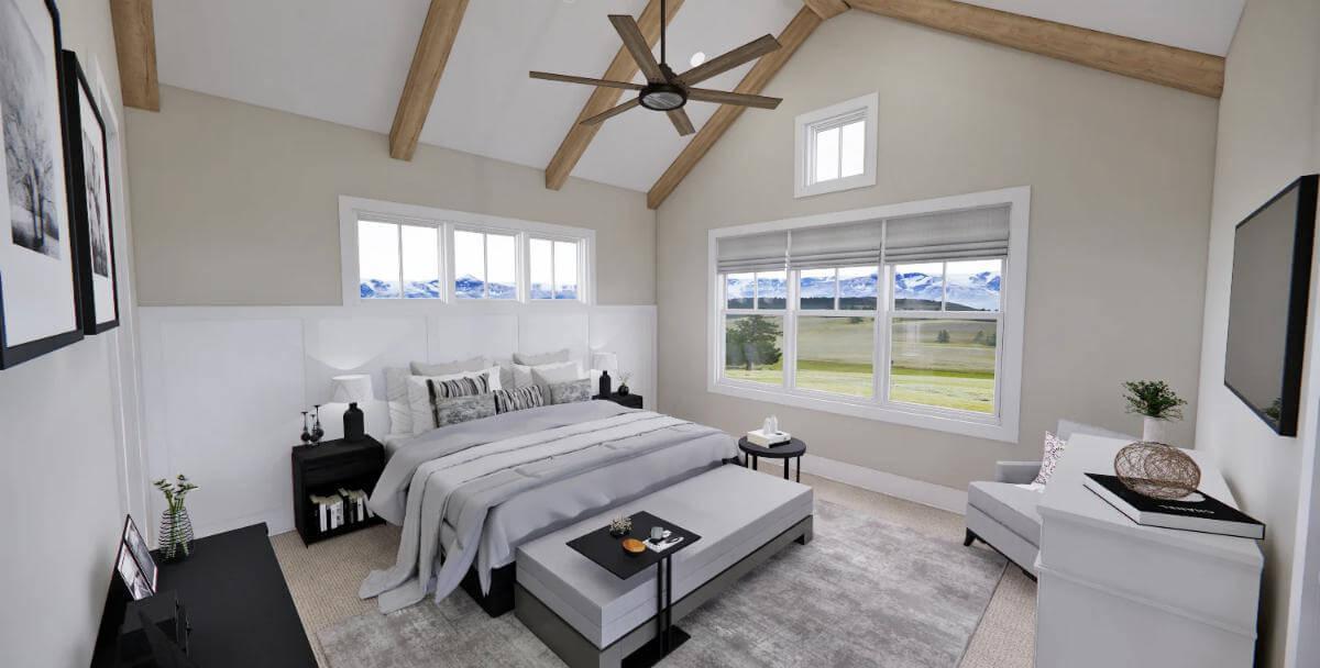 Vaulted Ceiling Bedroom with Expansive Views and Wood Beam Accents