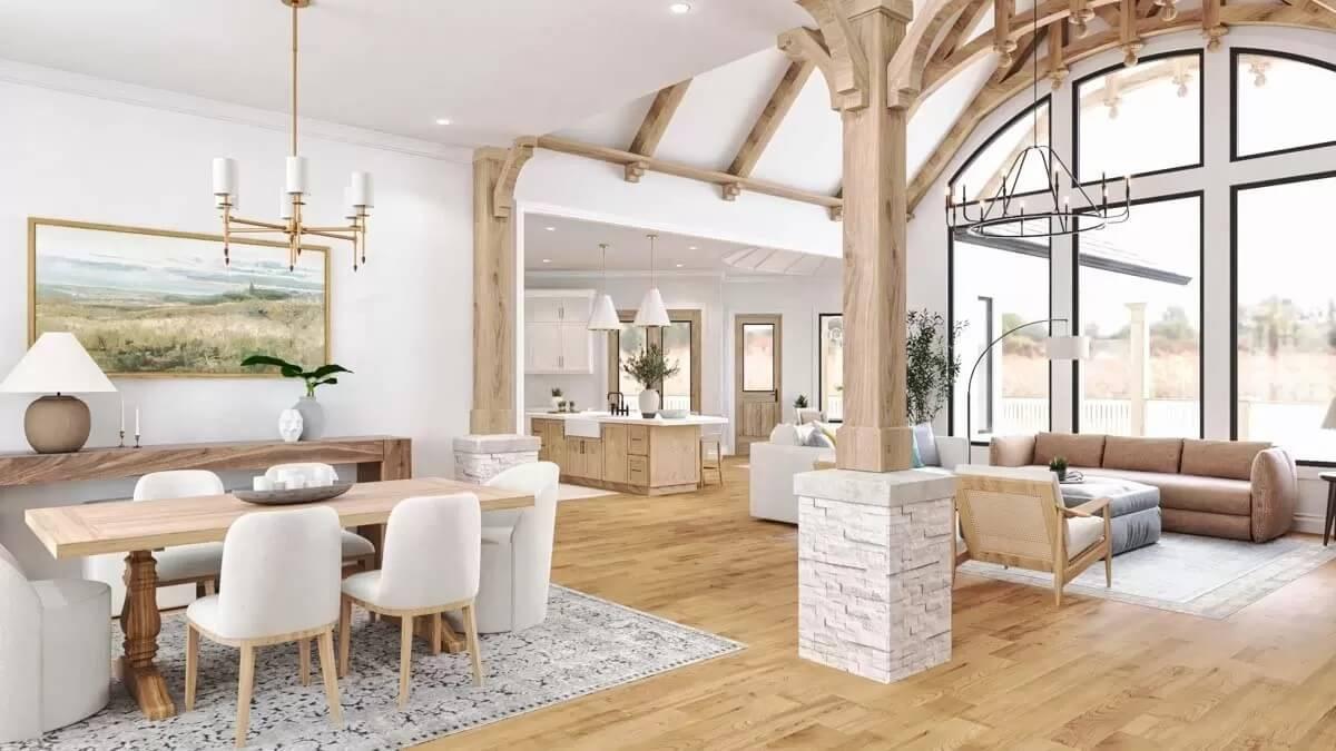 Wow, Check Out These Exposed Wood Beams Framing the Living Space