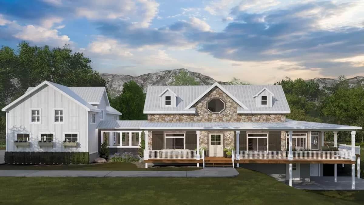 Charming Farmhouse with a Wraparound Porch and Stone Facade