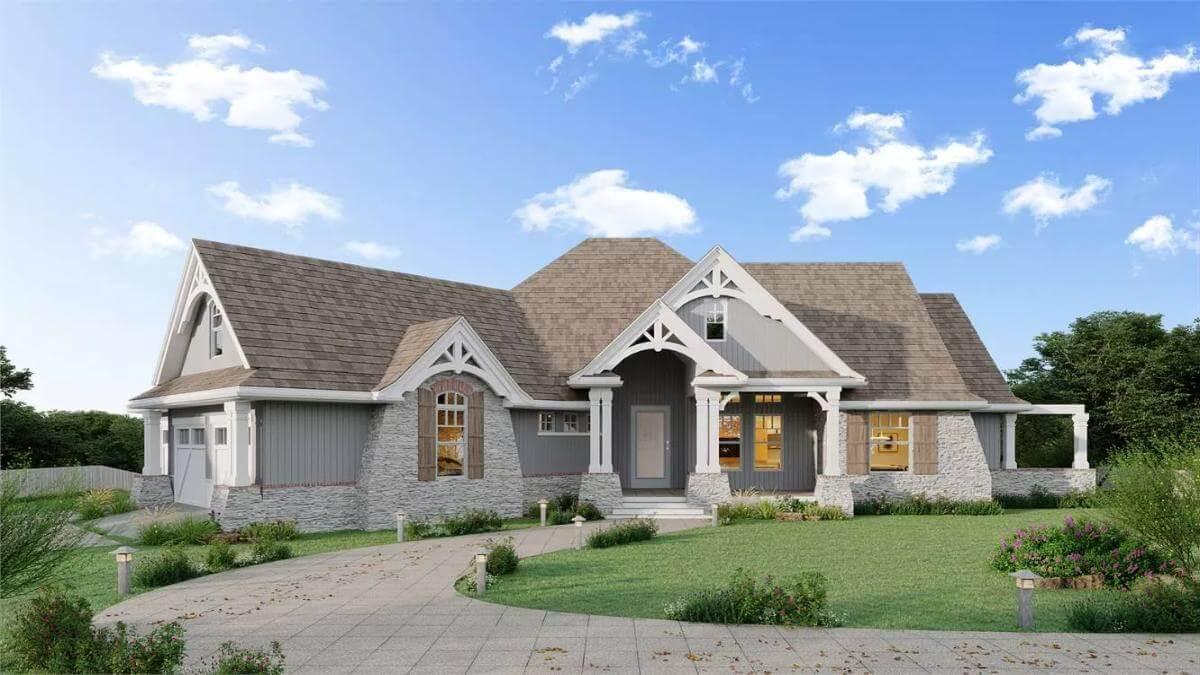 Charming Craftsman Facade with Gabled Rooflines and Stone Accents