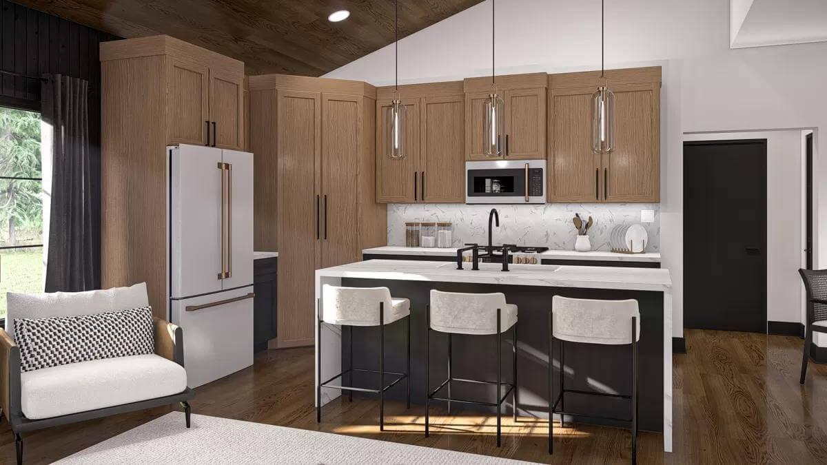 Modern Kitchen with Wood Accents and Pendant Lighting