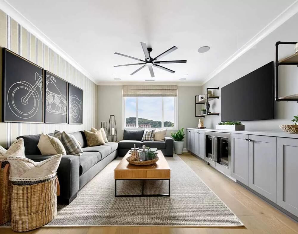 Modern Living Room with a Stylish Motorcycle Triptych and Ample Storage