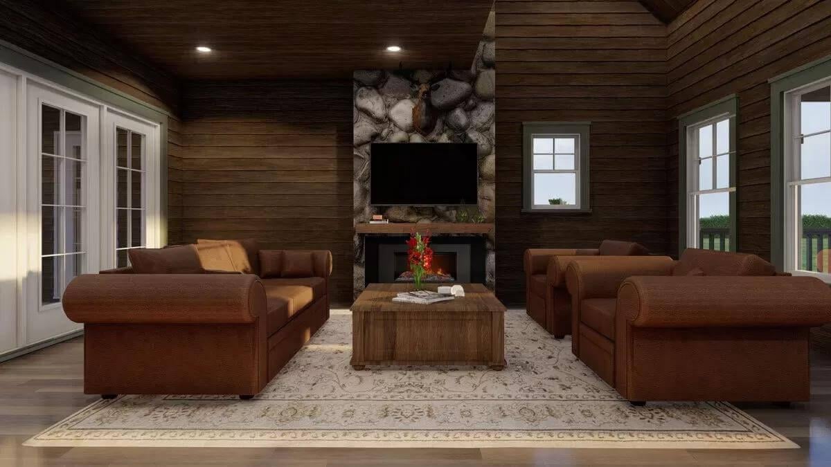 Warm Living Space with a Stone Fireplace as the Focal Point