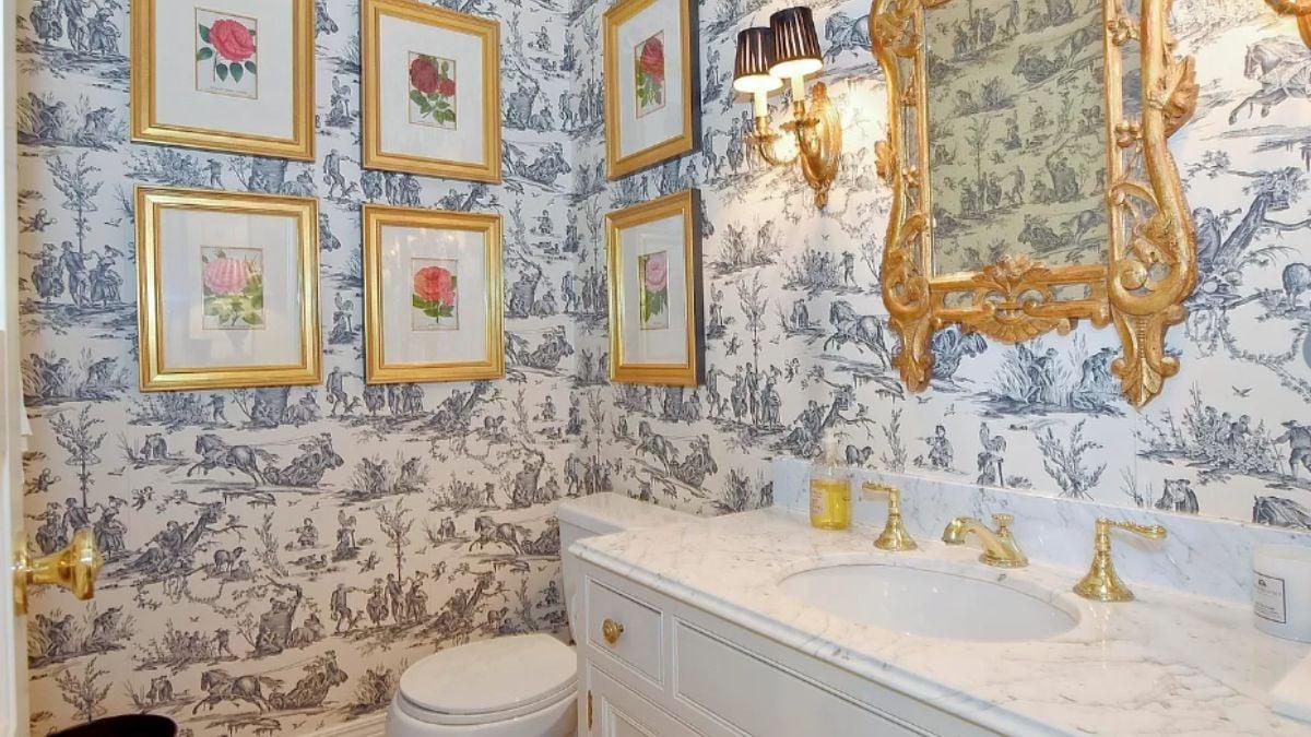 Wow, Look at the Gilded Frames in This Toile Wallpapered Powder Room