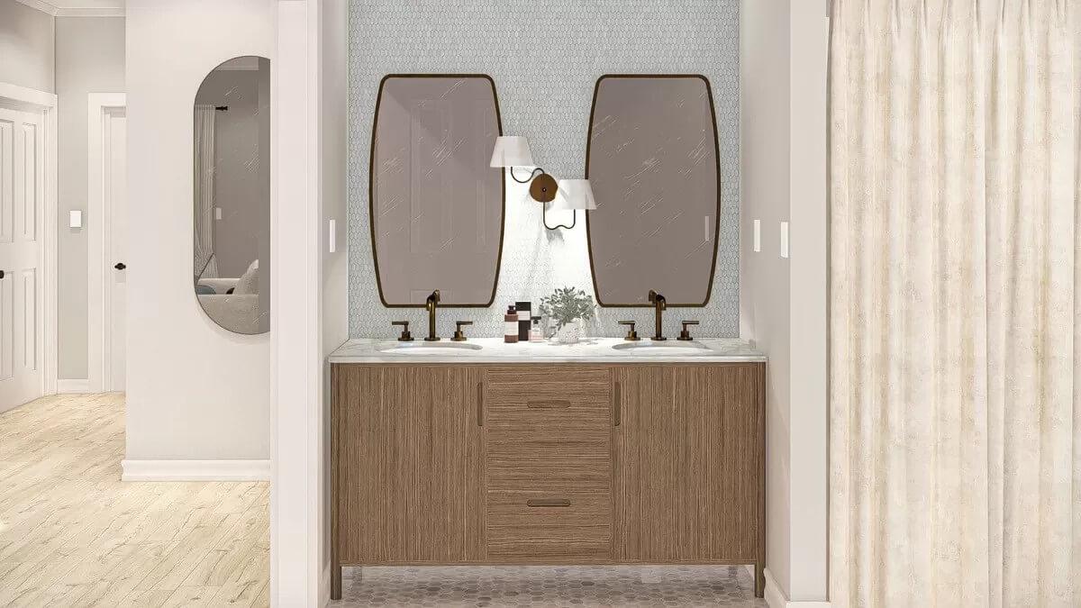 Double Vanity with Sleek Mirrors and Warm Wood Accents