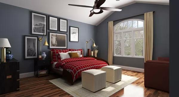 Elegant Primary Bedroom with Vaulted Ceiling and Art Display