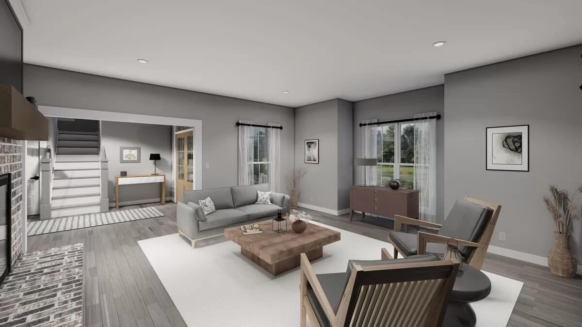 Modern Living Room with a Striking Brick Detail and Open Transition