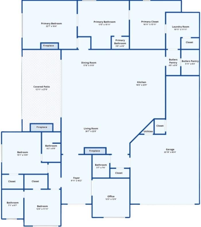 A Spacious Floor Plan Highlighting Dual Fireplaces and a Covered Patio