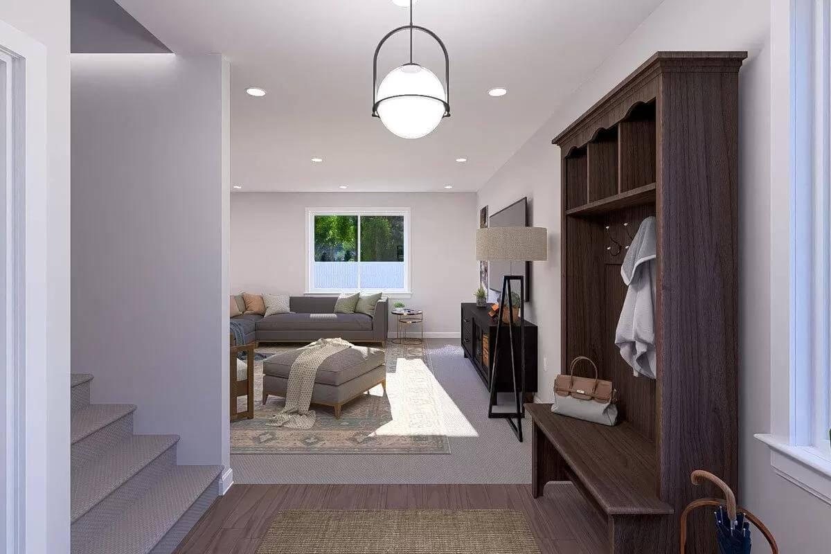 Craftsman Entryway Leading to a Cozy Family Room