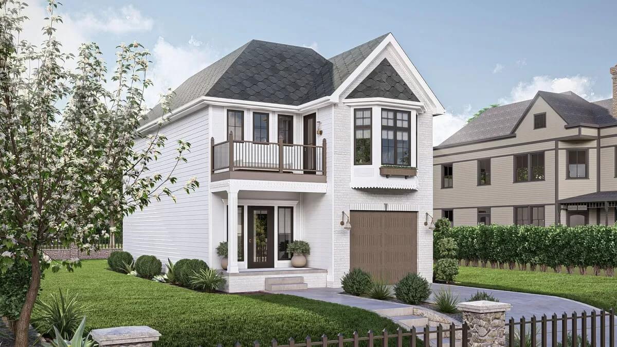 Notice the Balcony and Bay Window on This Two-Story Home