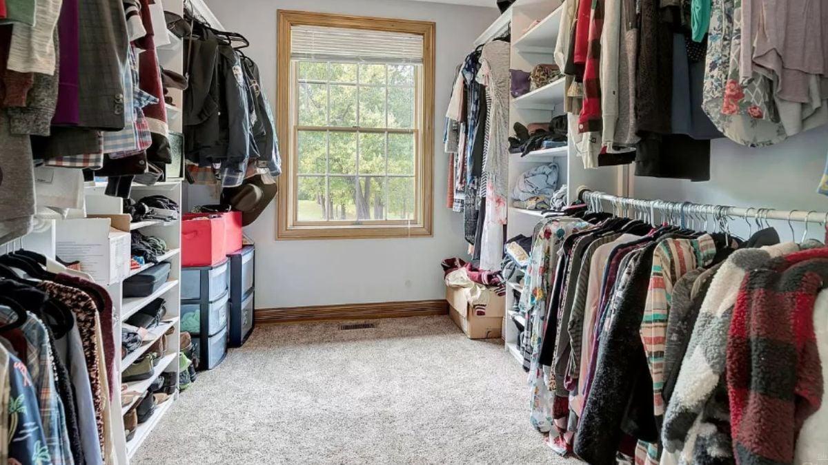 Organized Walk-In Closet with a Sunlit Window