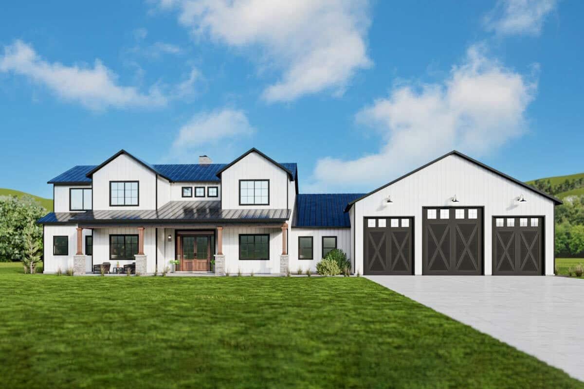 Classic Farmhouse with Striking Blue Roof and Spacious Garage