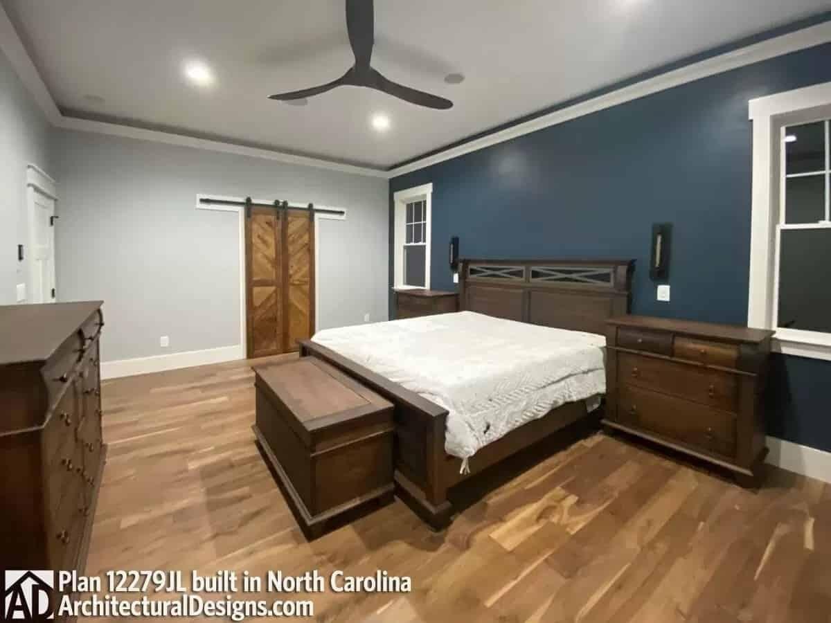 Wow, Check Out the Bold Blue Accent Wall in This Craftsman Bedroom