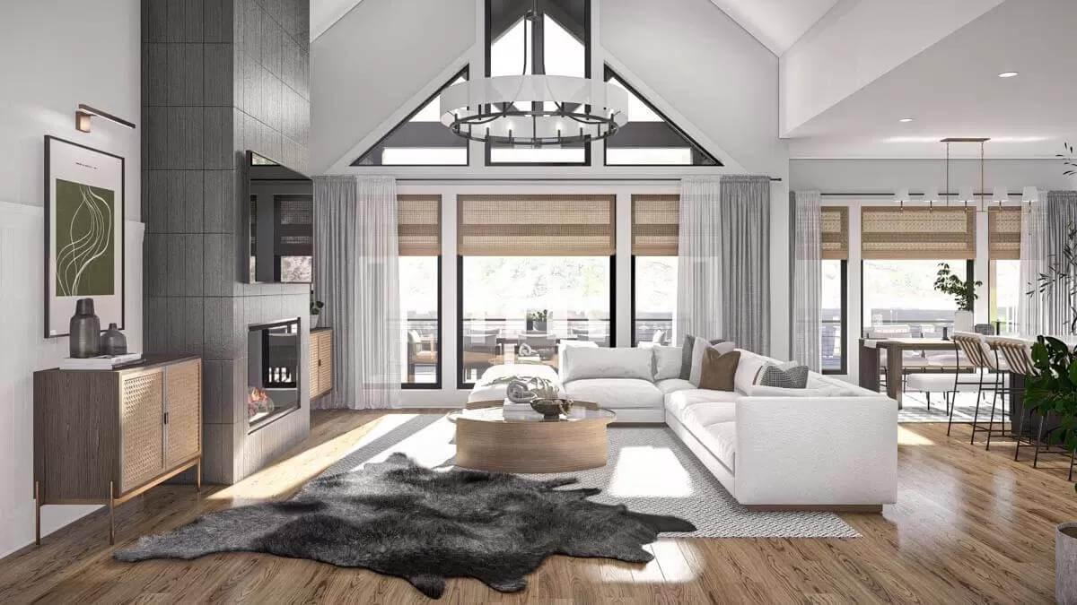 Stunning Great Room With Vaulted Ceilings and Sleek Fireplace Detail