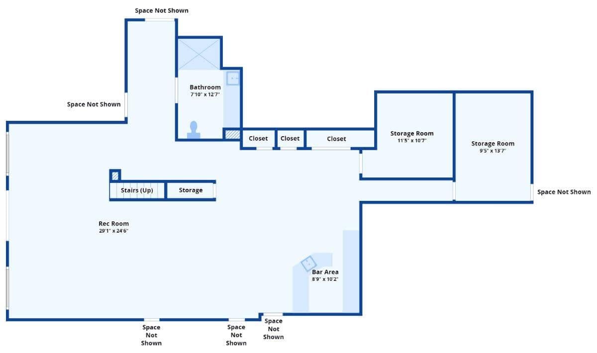 Basement Layout with Spacious Rec Room and Bar Area