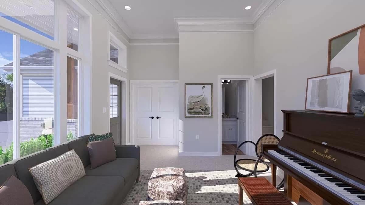 Bright Sitting Room with Tall Windows and a Classic Upright Piano