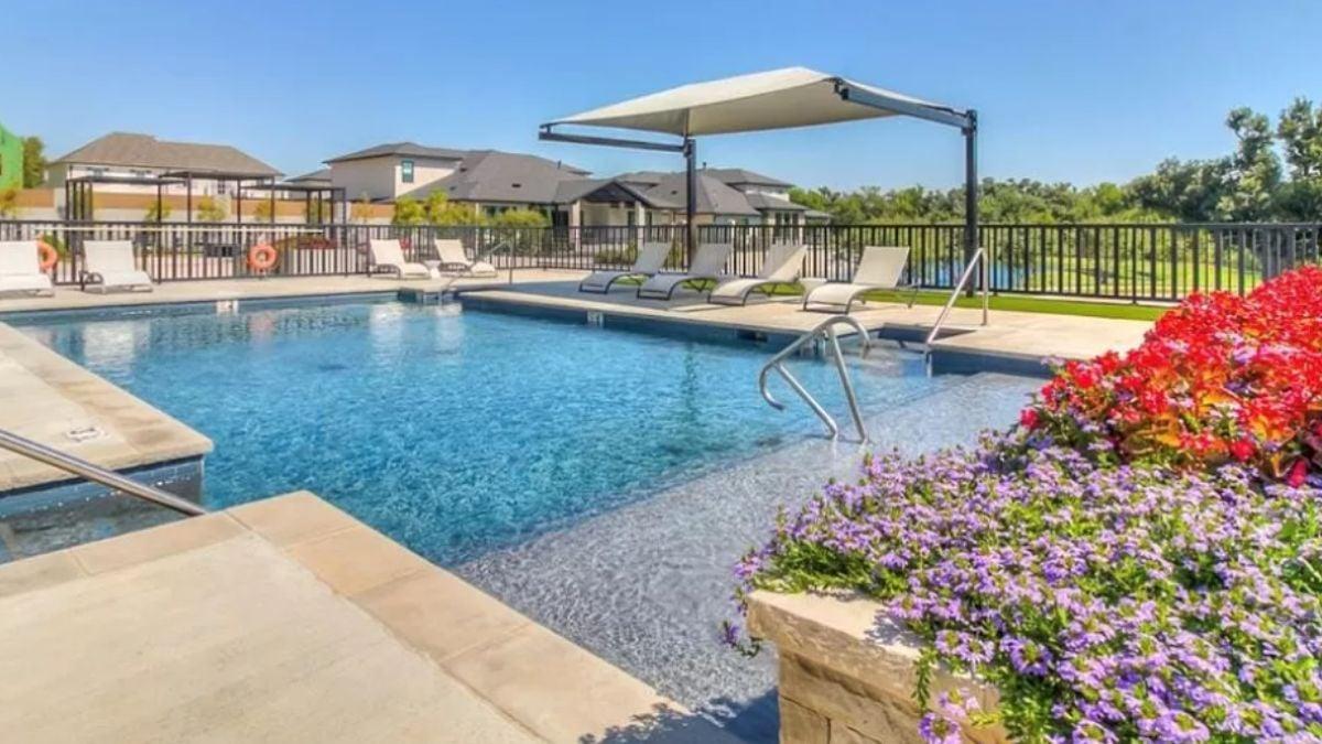 Dive Into This Modern Poolside Oasis with Bright Blooms