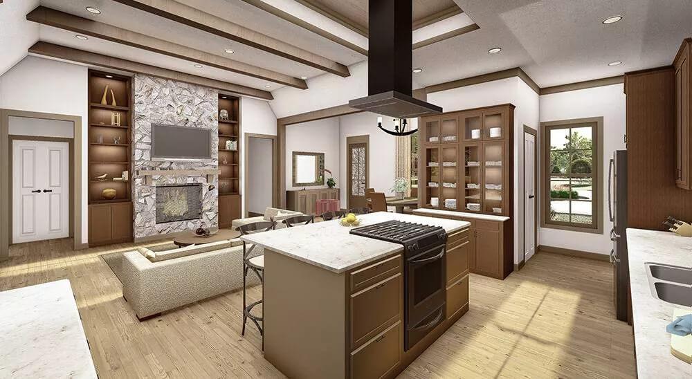 Admire the Stunning Stone Fireplace in This Open-Concept Living Area