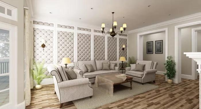 Stylish Living Room with Quilted Accent Walls and Classic Lighting