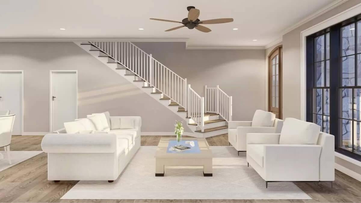 Notice the Elegant Floating Staircase in This Modern Sitting Area