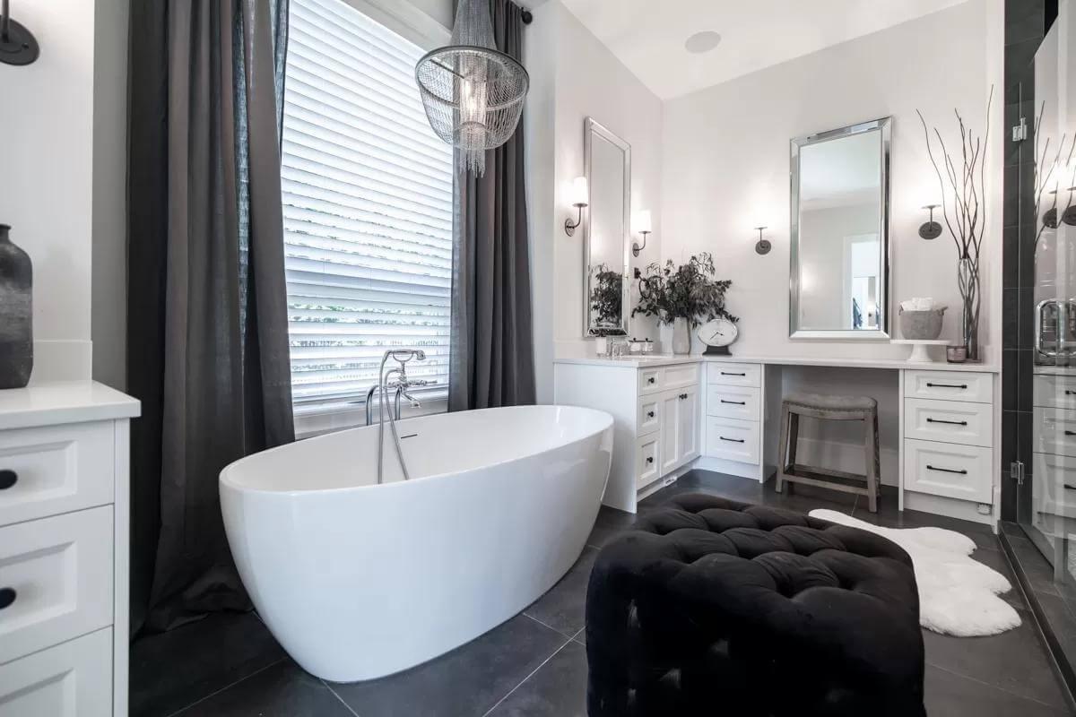 Sophisticated Bathroom With Freestanding Tub and Elegant Vanity Area