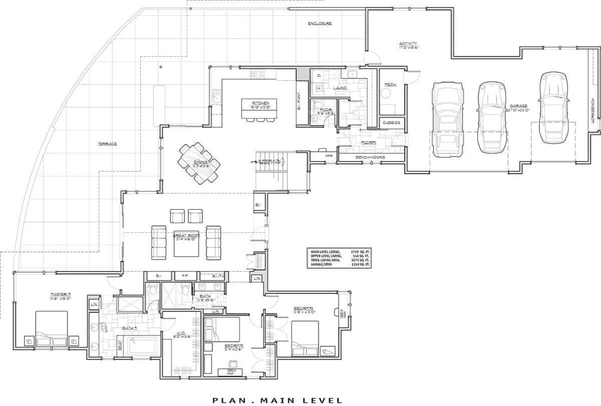 Main Floor Layout With Open Living Areas and a Three-Car Garage