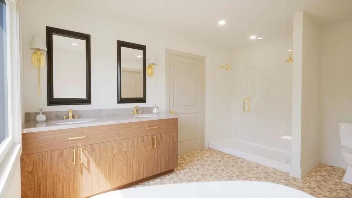 Warm Wood Vanity with Eye-Catching Brass Accents